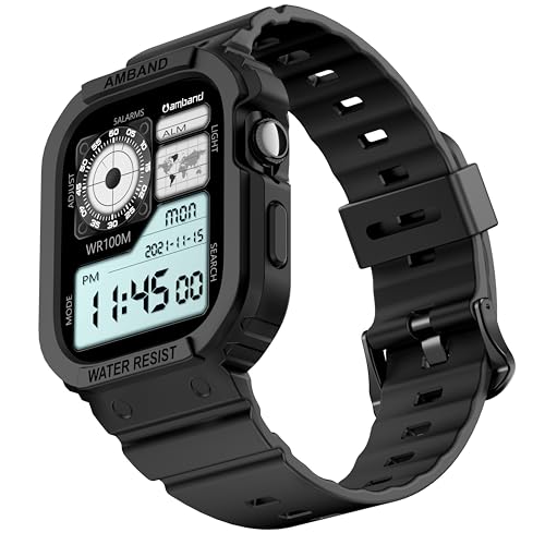 amBand (�A���o���h) ���ȃP�[�X Apple Watch Series 10 11 42mm�p �o���h�t�� �ϏՌ� �ی� �X�|�[�c�o���p�[�J�o�[ �y�� ���K�ȃX�g���b�v �j�����p �}�b�g�u���b�N