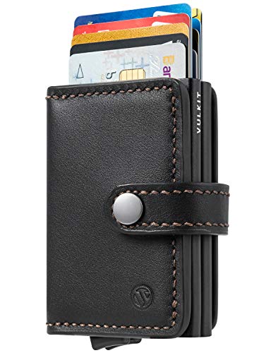 VULKIT Portefeuille Homme Mince Cuir RFID Anti Piratage Double Couche Porte Carte de Credit, 3 Emplacements pour Carte de Crédit ou Billets - Noir