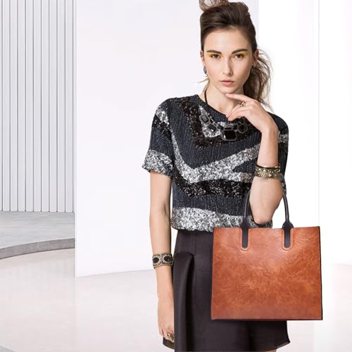 Image of Fashion Tote Handbags for Women Lightweight PU Leather Satchel Shoulder Crossbody Handbag Bags Waterproof Hobo Bag Retro Oil Wax Handle Satchel Purse Middle Size Multi Compartment Deep Red