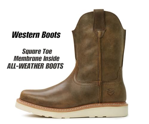 Image of SUREWAY Western Boots - Men's Square Toe Work Boot,Pull On Leather Wellington Boots,Durable Classic Slip Resistant Soft Toe Cowboy Boot