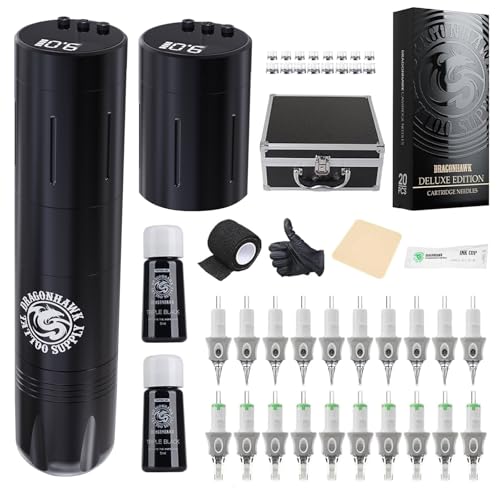 Dragonhawk Kit Machine à Tatouer Rotative Sans Fil Stylo à Batterie avec Écran LCD, 2 Piles 1500mAh Remplaçables et Aiguilles pour Débutants
