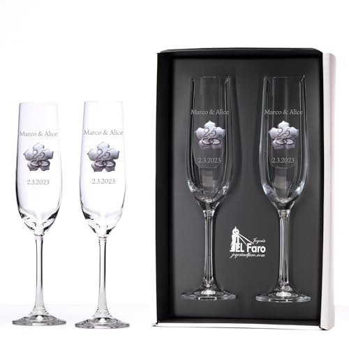 JOYERIA EL FARO | Bicchieri 25 Anniversario Matrimonio Personalizzato con Nomi | Cristallo Boemia ad Alta Resistenza | Astuccio Premium incluso | Festeggia 25 anni di Amore Insieme