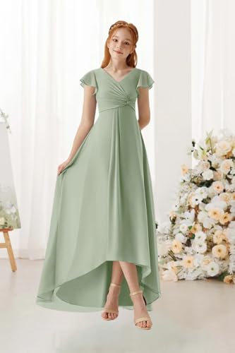 Asymmetrical Junior Bridesmaid Dresses Pleated Chiffon Flower Girl Dress V-Neck Formal Wedding Birthday Party Gown3