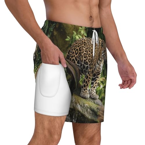 Men's Swim Trunks Quick Dry Board Shorts Jaguar Cat on Tree Trunk Waterfall Beach Shorts with Pocket Bathing Suits for Men2