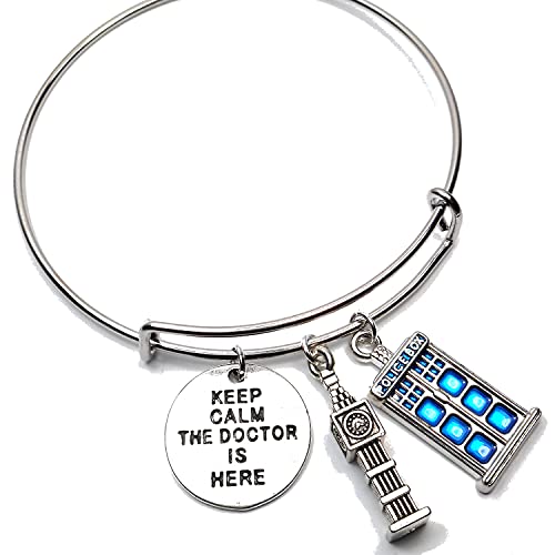 Adjustable Bangle Bracelet, Tardis Sonic Screwdriver Keep Calm The Doctor is Here Charms, Geek Gift