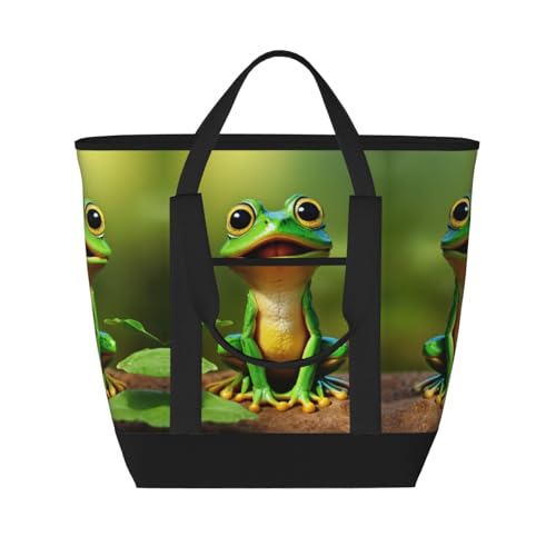 Green Frog Print Tote Bag Adult Heavy Duty For Picnic Beach Camping Large Capacity Insulated Tote Bag
