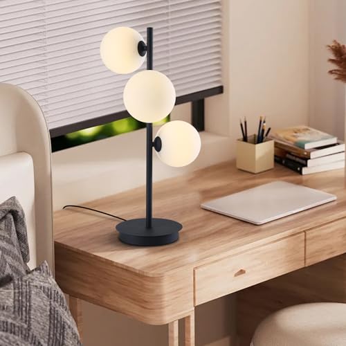 Image of Modern 3-Light Black Table Lamp with Milk Glass Globes, G9 | Matte black metal body, 3 milk glass globes, G9 sockets, modern accent lighting for nightstand, bedroom, study, living room