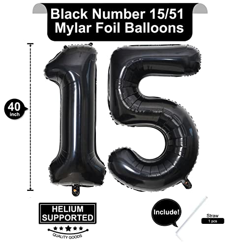 Image of 40 Inch Black 15 Number Balloons Giant 15 Balloons Black Birthday Balloons 15th Birthday Anniversary Events Party Decorations Supplies