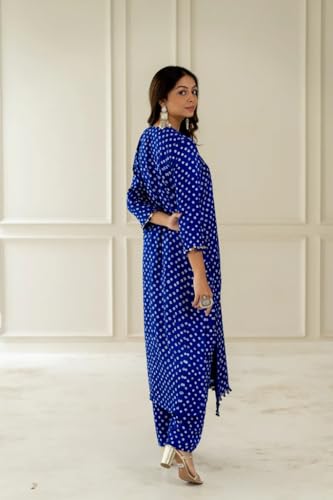 Image of LookMark Women Cotton Blend Bandhej Printed Bandhani Kurta Palazzo Set With Sequence Lace