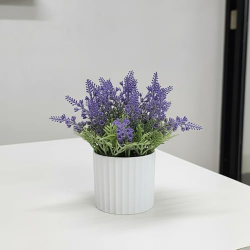Image of CURATED CART Artificial Lavender Plant in White Pot - Faux Purple Lavender Flowers for Home Decor - Small Fake Plants for Bathroom, Bedroom, Kitchen, Office, Farmhouse - Potted Indoor Decor