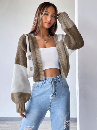 Image of SISKIN Fall Cropped Cardigan Sweaters for Women Lightweight,Color Block Oversized Cardigan Sweater