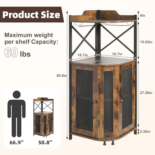 JKsmart Corner Bar Cabinet with LED Lights,Industrial Wine Cabinet with Glass Holder,4-Tier Wine Cabinet with Door and Shelf,Farmhouse Home Bar for Liquor Wine Coffee Storage,Rustic Brown