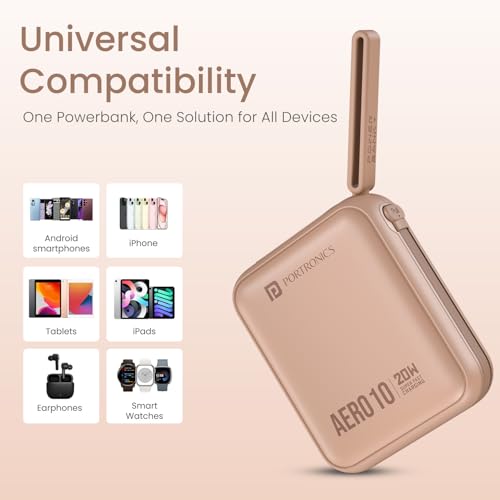 Image of Portronics Aero 10 10000 mAh 20W Fast Charging Mini Power Bank with Detachable Type C Cable, Type C PD Input /Output Port, LED Indicator, Wake Up Button, Strong Lanyard, Light Weight (Mocha)