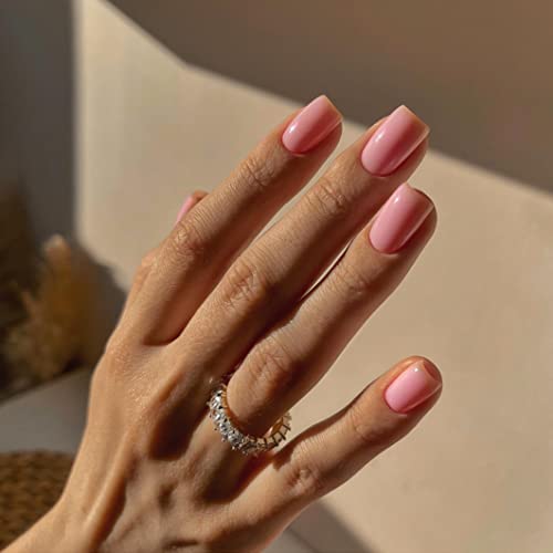 Hot Pink Press on Nails Short Square,KQueenest Solid Fake Nails with Nails Glue,Super Fit&Natural Reusable Acrylic Nails Stick on Nails in 24PCS