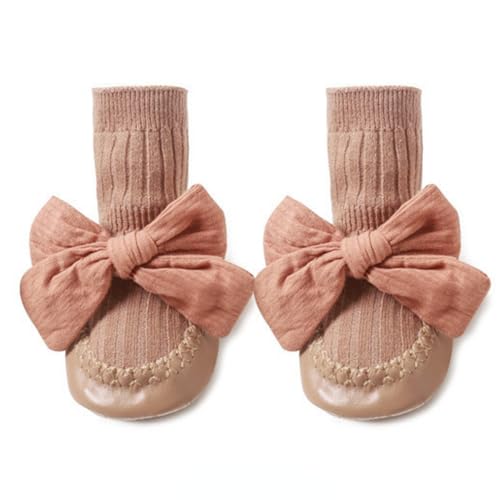 Baby Girl Sock Shoes with Cute Bowknot Leather Sole Grips, Mid Calf Non-Slip Princess Walking Socks for Toddlers