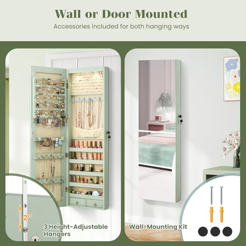 NAFORT 2 LEDs Mirror Jewelry Organizer, 47.5-Inch Borderless Full Length Mirror Jewelry Armoire, Lockable Wall Mounted Jewelry Cabinet, Jewelr Storage Box for Valentine’s Day Gift, Laurel Green