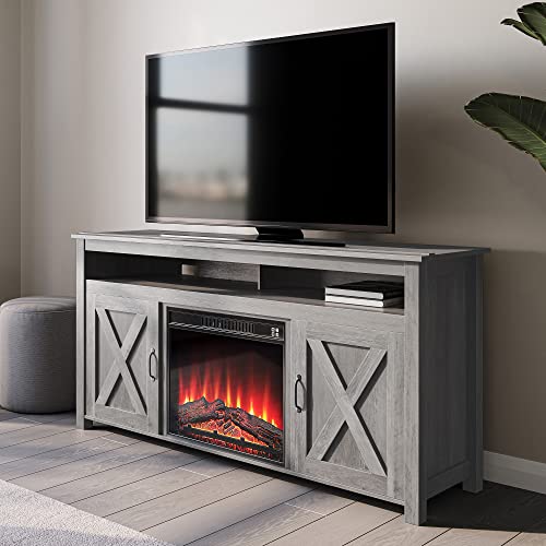 BELLEZE Modern 58 Inch Barn Door Wood Electric Fireplace TV Stand & Media Entertainment Center Console Table for TVs up to 65 Inches with Two Open Shelves and Cabinets - Corin (Gray Wash)