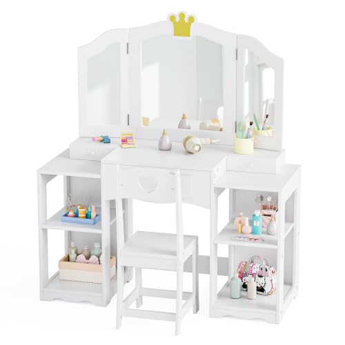 Bonnlo Coiffeuse pour Enfants 2 en 1, Meuble de Maquillage en Bois avec Mirror Amovible et Tabouret à Trois Volets, avec 4pcs Compartiments de Stockage, Coiffeuse Princesse, 104 * 38 * 55cm, Blanc