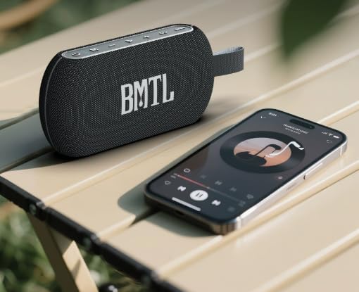 xdobo BMTL Mission Portable Bluetooth Speaker next to a smartphone playing music.