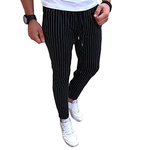 Mens Fashion Casual Striped Pants Dress Chino Long Pants Fit Drawstring Cotton Slack Trousers