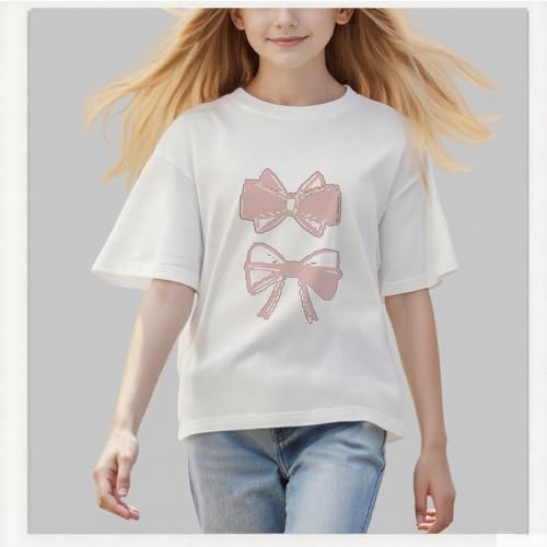 Kids Shirts - Girl's Graphic Print Short Sleeve T-Shirt Bow Knot Crew Neck Summer Tee 2-12Y2