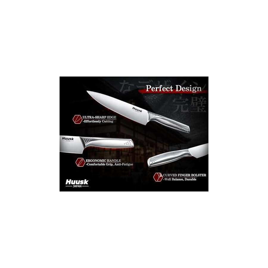Huusk Knife Set with Block and Sharpener, 14 Pcs Japanese Stainless Steel Kitchen Knife Sets Dishwasher Safe, Sharp Silver Professional Knives Set with Box for Kitchen, Gifts for Men Women