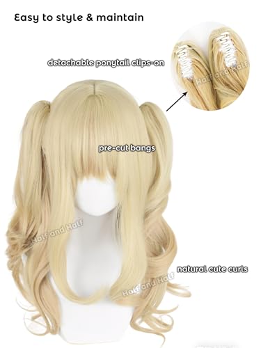 Image of Blonde Curly Ponytail Anime Wig with Bangs 27.5'' Blonde Twin Tail Wigs | Light Golden Orange Gradient Pigtails Wig for Women Costumes Party Halloween