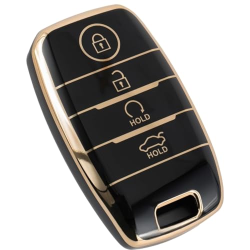 Image of TPU Car Key Cover Black & Golden Compatible for KIA Seltos,Sonet,Carens (KIA, 4 Button Push Smart Key New)