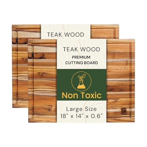 Teak Wood Cutting Board 18' x 14' x 0.6', 2-Piece Set for Kitchen Meat & Food Prep - Large Thin Edge Grain, Deep Juice Groove, Lightweight Solid Hardwood, Non-Toxic, BPA Free by New M Way