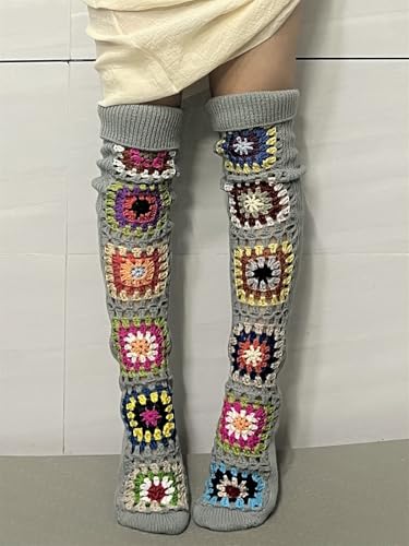 Mylleure Crochet Socks for Women Y2k Granny Square Over Knee High Stockings Warm Chunky Knitted Long Leg Warmers Boot Socks3