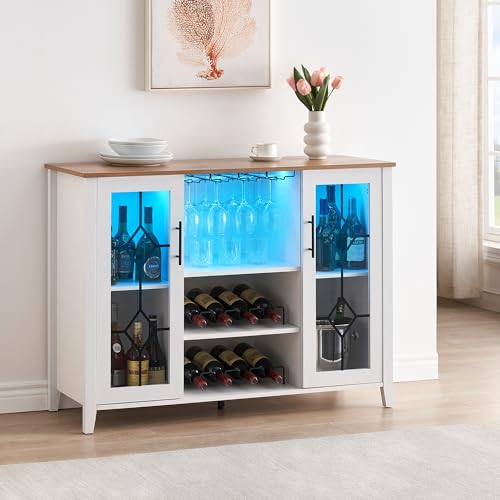 Image of Farmhouse Wine Bar Cabinet with LED Light, Wood Storage Cabinet with Glass Doors, Adjustable Shelves, Wine & Coffee Station for Dining Room, Living Room, Home Bar,White