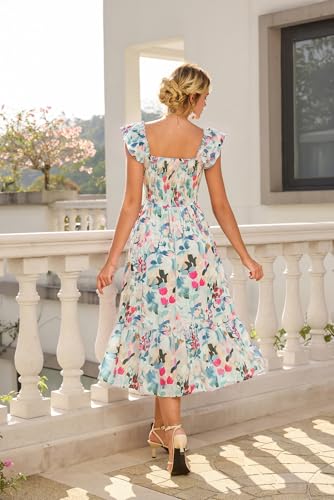 Image of GRACE KARIN Women's Summer Floral Maxi Dress 2026 Ruffle Sleeve Smocked Sundress Flowy Wedding Guest Long Dresses with Pocket