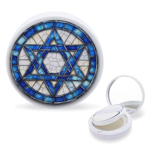 Hayyett Israel Flag Blue Star Stained Glass Air Cushion Puff Box Portable Cosmetic Makeup Case Container,Loose Powder Foundation Container