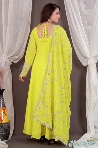 Image of ROYALICA Women's Georgette Gown Set with Solid Pattern Floor Length Round Neck Fit & Flare Full Sleeves Gown Pant and Embroidery Work Dupatta | Anarkali Gown Set for Women