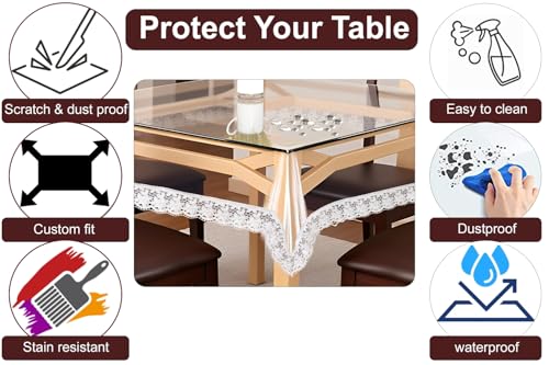 Image of The Furnishing Tree Square Shaped Center Transparent Table Cover Size 36x36 inches 0.25 mm Thickness with White Lace