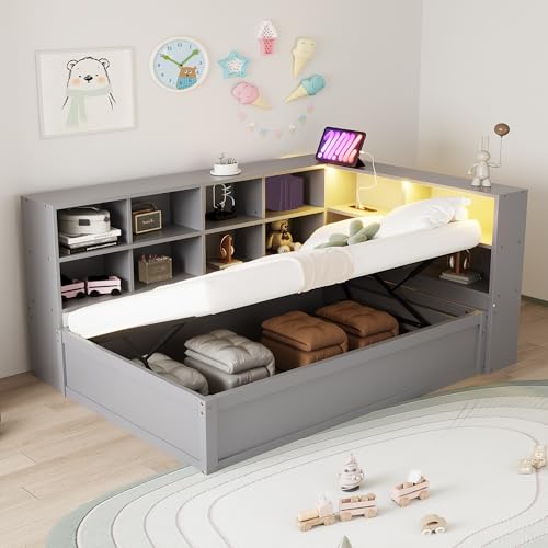 Idemon Sofá cama 90 x 200 cm, con enchufe múltiple y varios compartimentos de almacenamiento, con barra de luz, cama hidráulica, cama de madera maciza, cama individual, cama de madera multifuncional