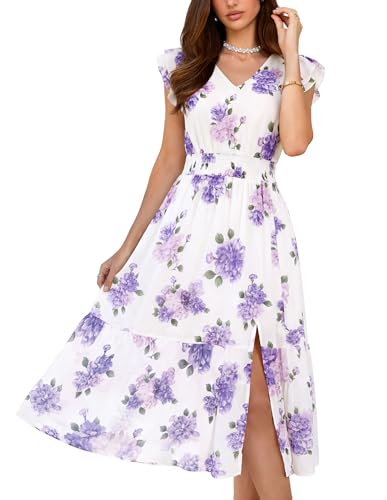 Image of GRACE KARIN 2026 Womens Summer Dresses V Neck Ruffle Sleeve Floral Boho Beach Dress A-Line Swing Midi Wedding Guest Sundress