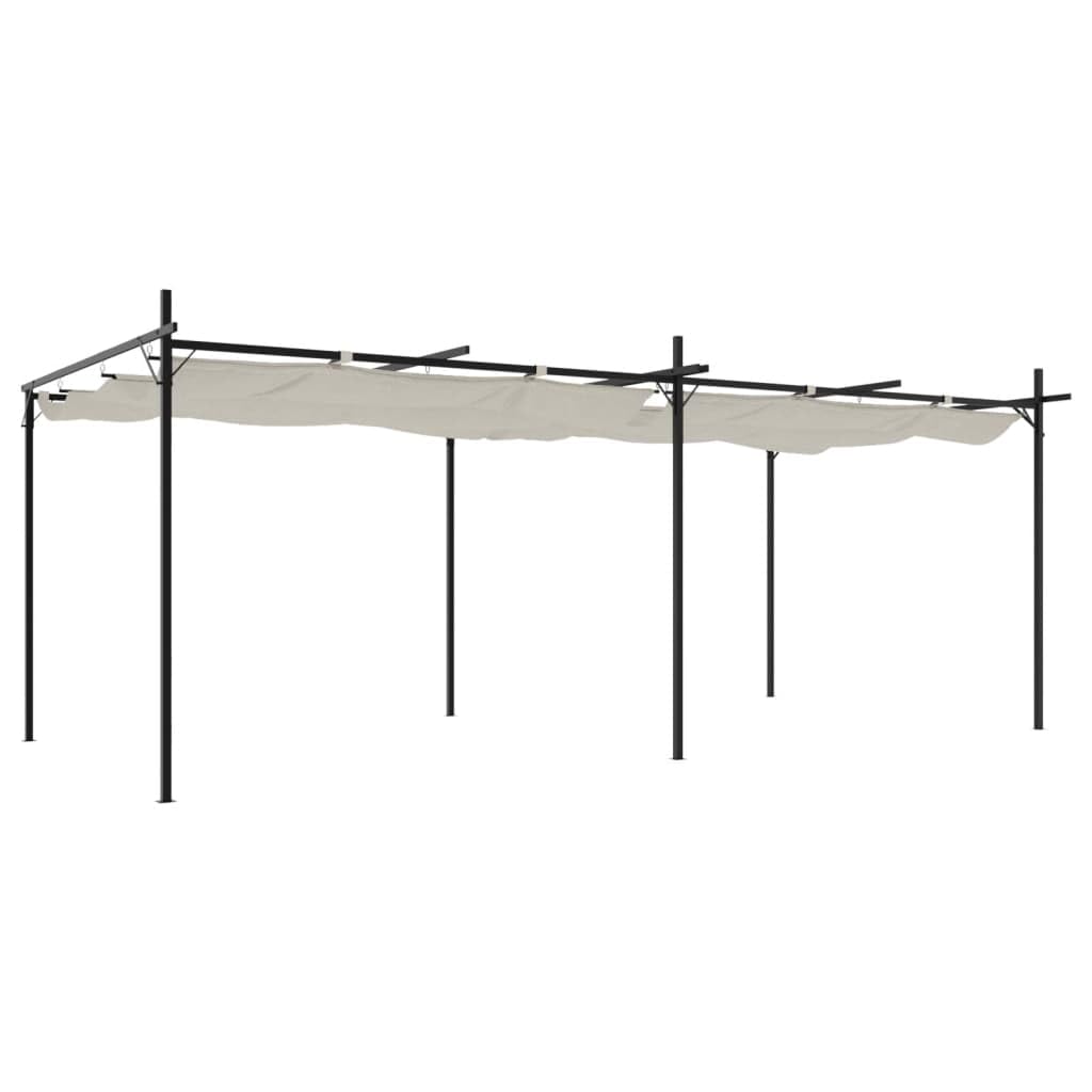 Pergola z rozsuwanym dachem, kremowa, 589 x 292 x 230 cm, odporny na promieniowanie UV dach poliestrowy z powłoką PA, stabilny malowany proszkowo rama ze stali i aluminium, regulowany dach przesuwny