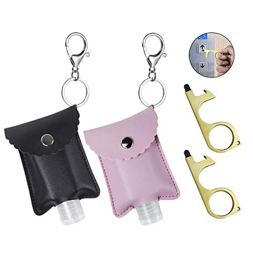 Portable Travel Bottle Leather Hand Sanitizer Holder Keychain and Door Opener Tool, 30ml Flip Cap Refillable Empty Squeeze Bottle Containers for hand sanitizer, Soap, Lotion, Liquid