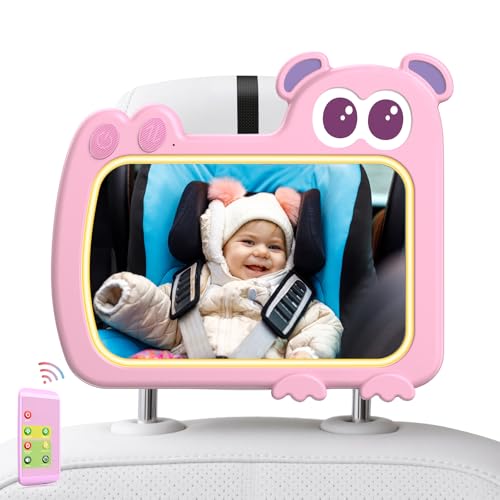 Image of 2-in-1 Baby Car Mirror with Lights & Soft Sounds, Cry Detector, Clear Night View, 360° Rotation, Shatterproof, Rear Facing Baby Car Seat Mirror with Remote Control, Perfect Baby Shower Gifts (Pink)