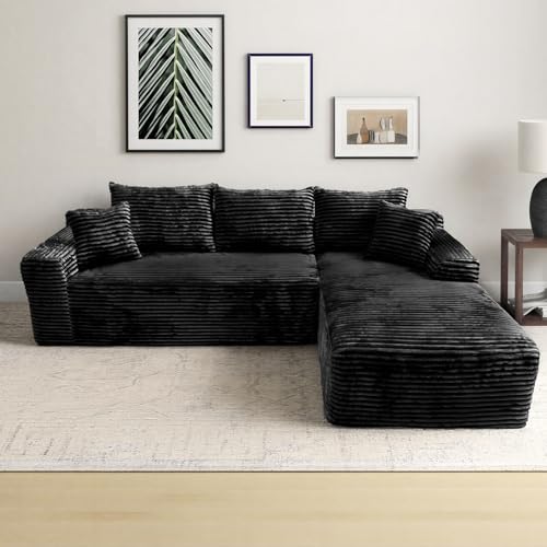 Rovibek 107.5' Couches for Living Room, Modular Sectional Sofa with Deep Seat & Throw Pillow, Black Couch with Chaise, No Assembly Required Compressed Sofa