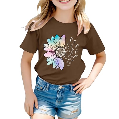 Girls Loose Fit Sunflower Graphic T Shirts Short Sleeve Crewneck Cute Pattern Printed Tops Kids (A-Coffee, 12-13 Years)3