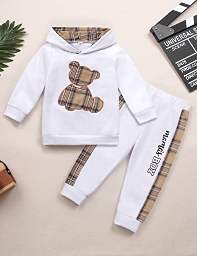 Toddler Baby Boy Clothes Outfits Plaid Bear Long Sleeve Hoodie Patchwork Pant Boy 2PC Outfit Set4