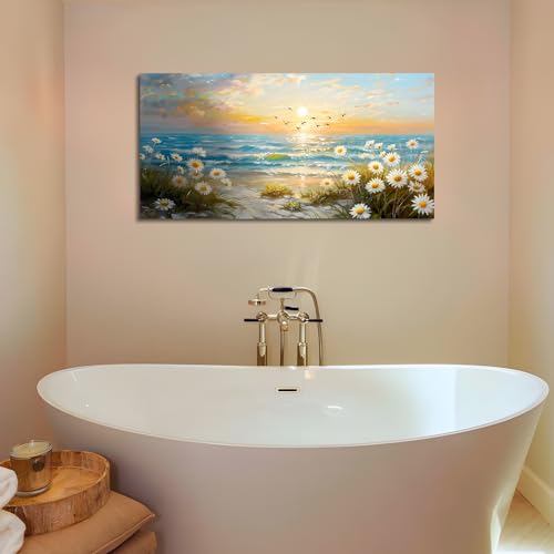 SERIMINO Beach Wall Art, Sunset Wall Art, Large Wall Decor, Coastal Landscape Paintings Art Prints, Seaside Daisy Floral Canvas Pictures for Living Room Bedroom Bathroom Office Kitchen 24"X48"