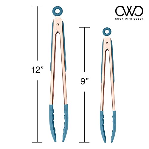 COOK with COLOR Stainless Steel Silicone Tipped Kitchen Food BBQ and Cooking Tongs Set of Two 9” and 12” for Non Stick Cookware, BPA Fee, Stylish, Sturdy, Locking, Grill Tongs, Rose Gold (Aqua)