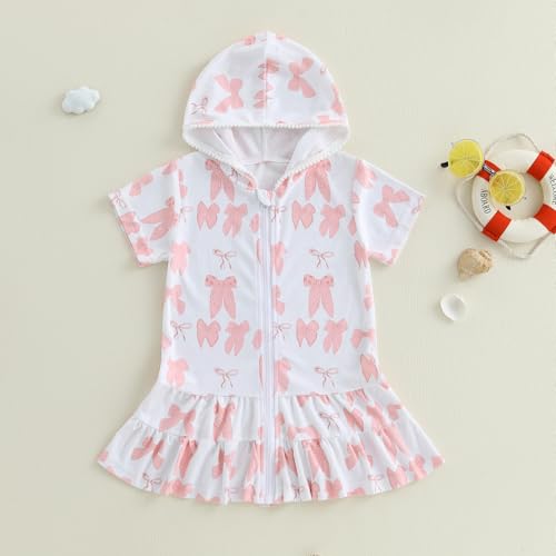 Toddler Baby Girls Summer Swimwear Cover Up Terry Zip Up Hooded Short Sleeve Beach Robe Dress2