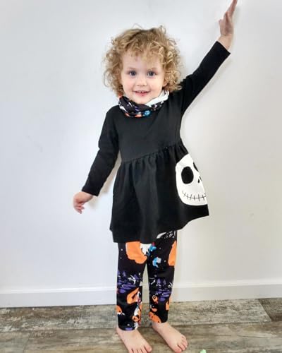 Image of HINTINA 3PCS Baby Girls Halloween Outfits Skull Tops Ghost Leggings Pants with Csarf Hat Clothes set