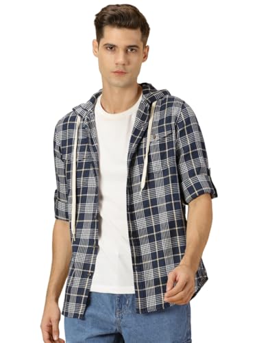 Image of Thomas Scott Men's | Checks | Full Sleeve | Regular Fit | 100% Cotton | Hooded | Casual Shirt