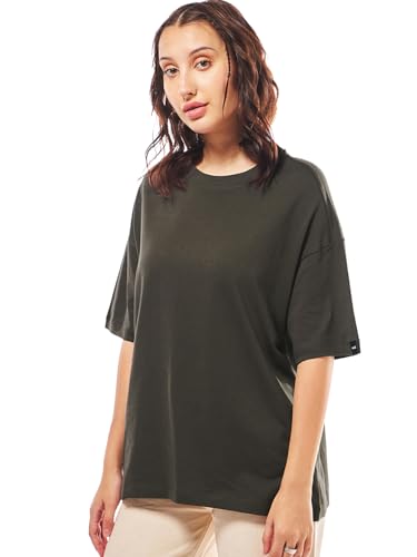 Image of Bewakoof Women's Solid Oversized Fit Half Sleeve Round Neck Cotton Jersey T-Shirt