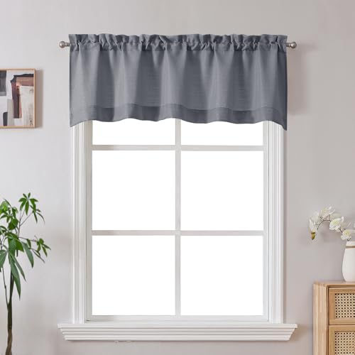Gwine Dark Grey Valance for Windows, Light Filtering Faux Linen Textured Kitchen Valance for Window, Rod Pocket Small Short Curtain for Bathroom Laundry Room Basement, 60Wx14L inch, 1 Piece